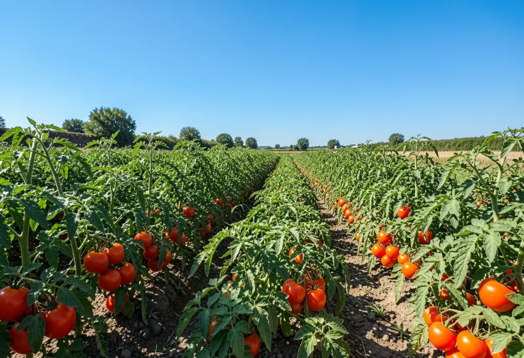 Rows of ripe tomatoes growing in the field