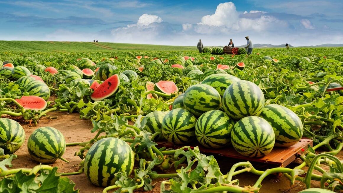 Watermelons piled up in the field at harvest